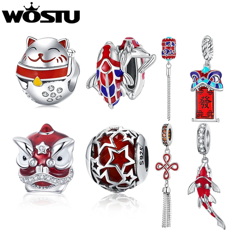 

WOSTU 925 Sterling Silver Chinese New Year Series Red KOI Lantern Charm Fortune Cat Bead Fit Bracelet DIY Necklace Jewelry Gift