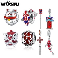 WOSTU 925 Sterling Silver Chinese New Year Series Red KOI Lantern Charm Fortune Cat Bead Fit Bracelet DIY Necklace Jewelry Gift 1