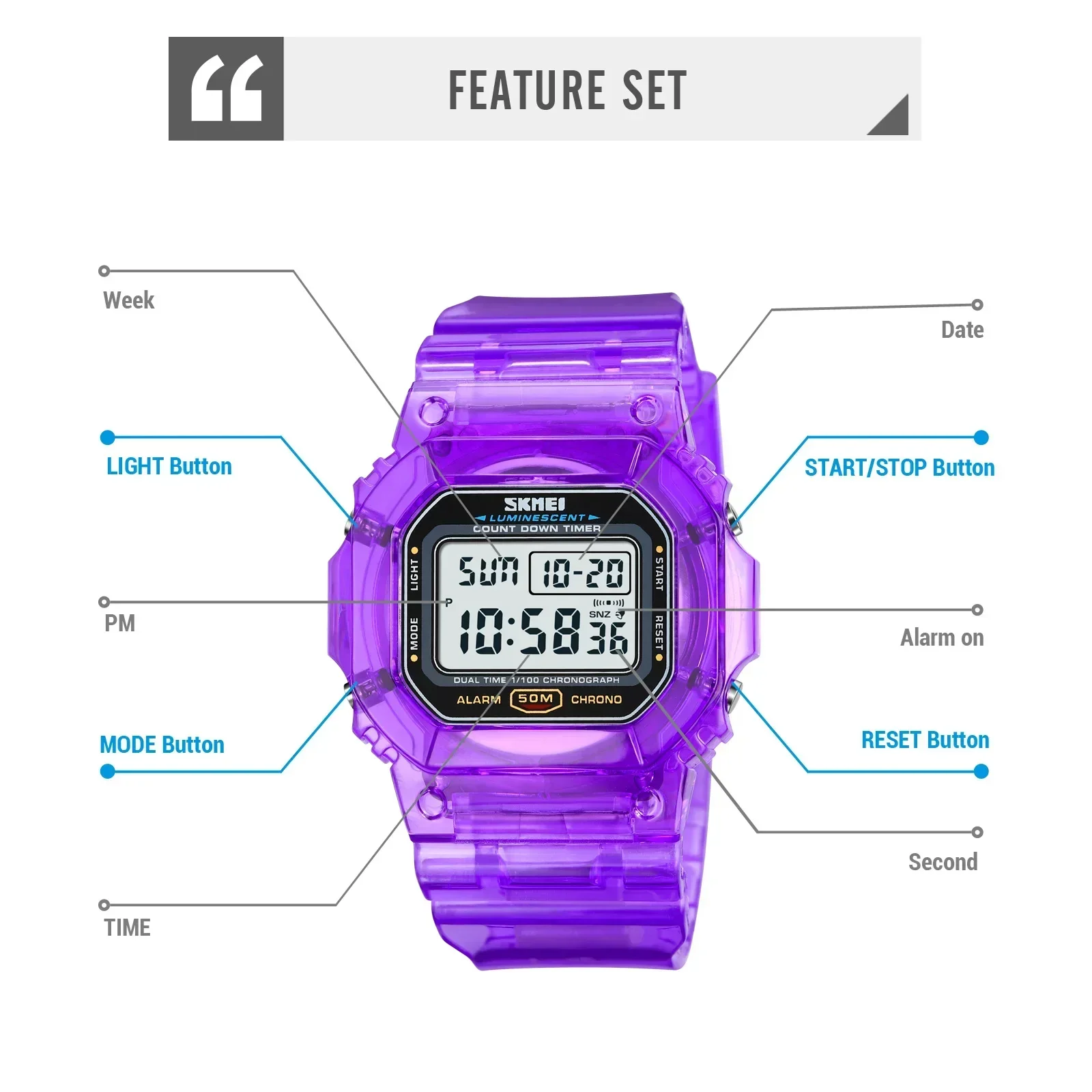Skmei 1999 Mens 5Bar Waterproof Multifunctional Count Down Date Wristwatch Reloj Hombre Back Light Display Stop watch 5