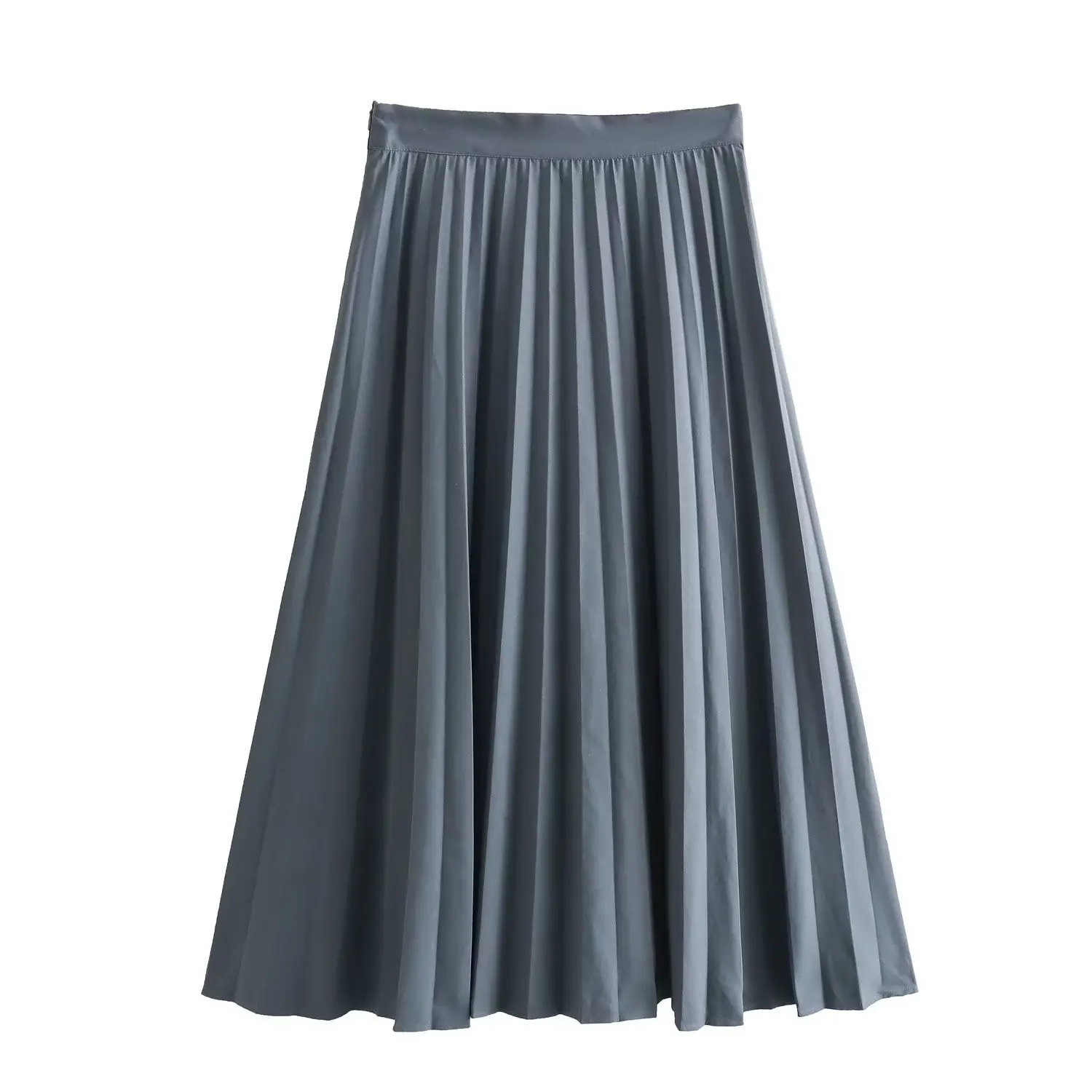 Withered Fashion Simple New British Blue Pleated Skirt High Waist A-line Midi Skirt Women