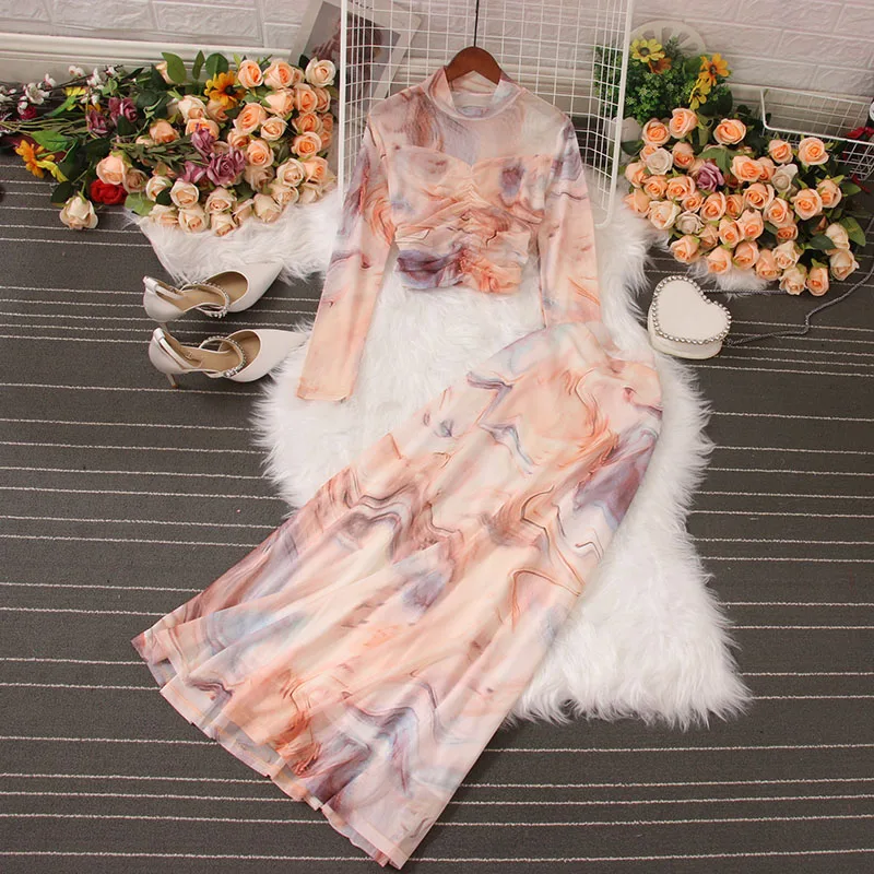 

2023 New Sexy Fashion Tie-Dye Set Women Short Long Sleeve Mesh Top High Waisted Skirt Two Piece Suit Women