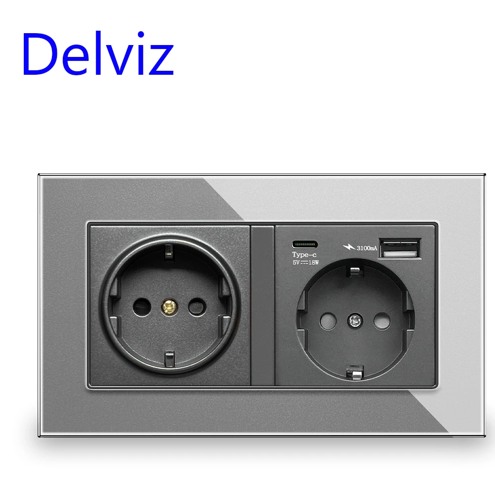 Delviz type C Ports USB Socket, Tempered Crystal glass panel, 5V 18W Quick charge, EU Standard Wall mounted double power outlet
