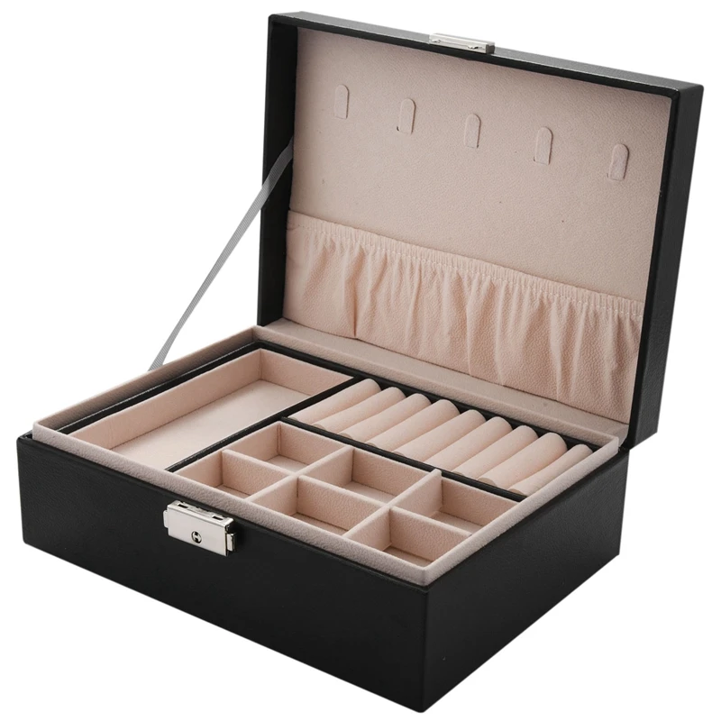 Ladies Leather Locked Jewelry Box Earring Necklace Double Storage Box