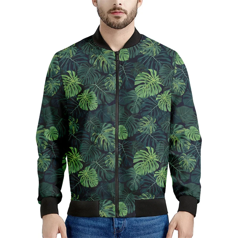 thumbnail image 1 of Chaqueta bomber con estampado de hojas tropicales en flor para hombre, sudadera de manga larga en 3D, chaqueta bomber de calle de gran tamaño con cremallera, 1 of 5