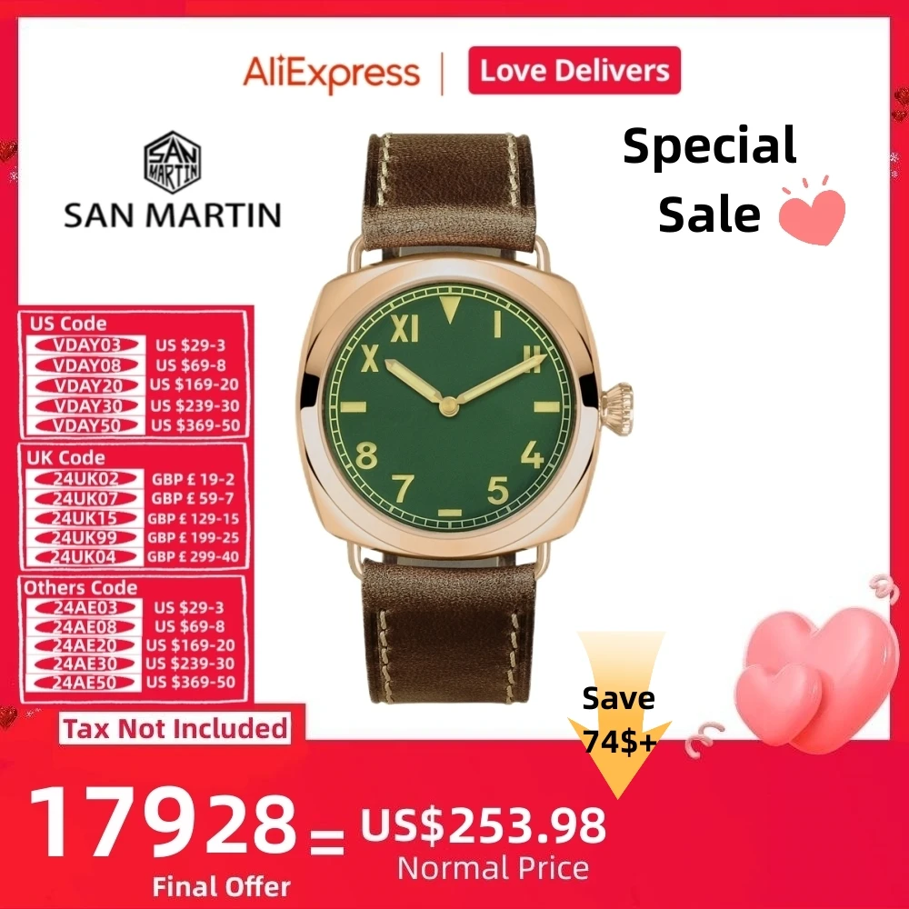 San Martin Bronze Orologi Business Simple Men Orologio Meccanico Horween Cinturino In Pelle Relojes Luminoso 200M Impermeabile Sn0041