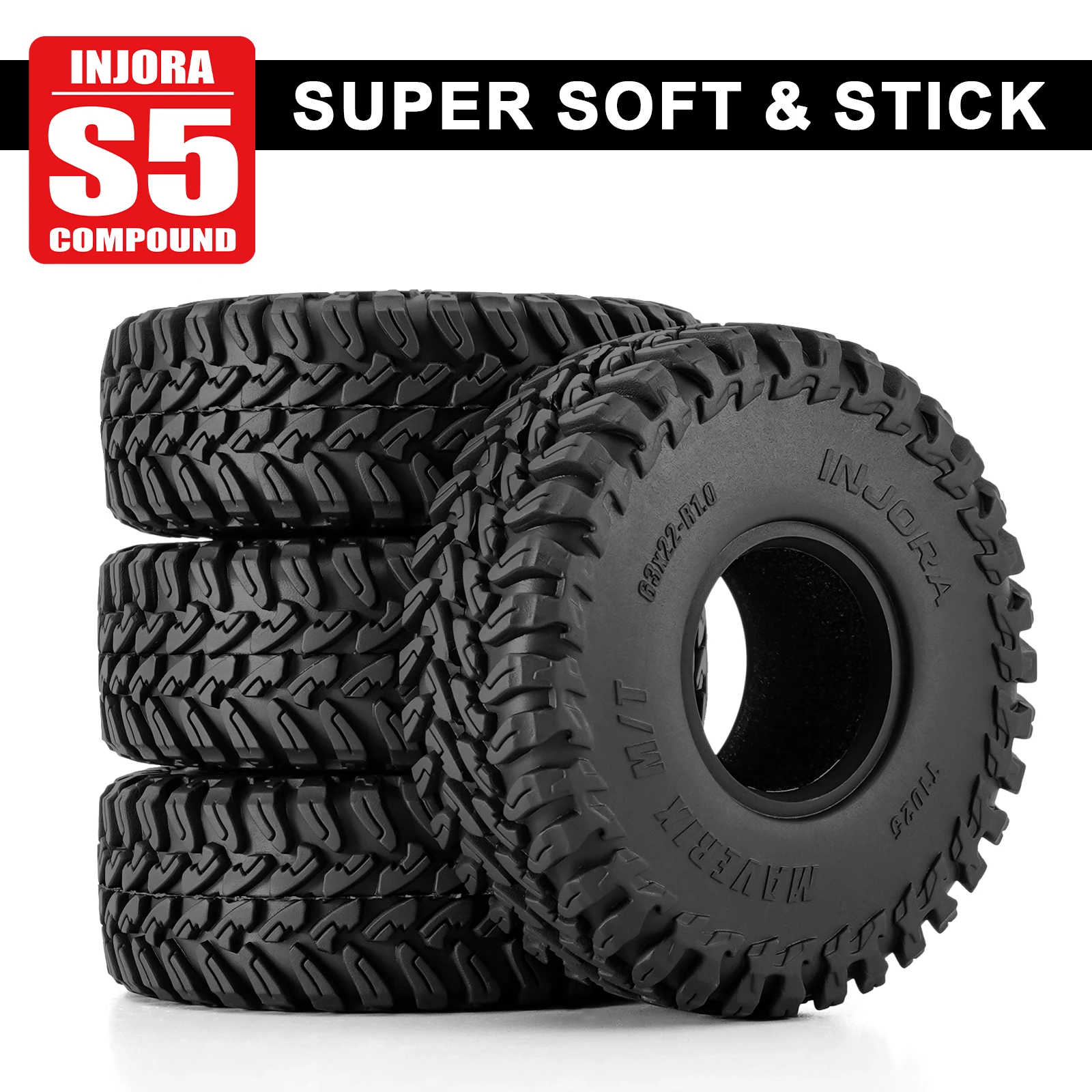 S225f5699e48f49e893cc5bd1bdb2f7e0y 4PCS-T1025: 1/18 1/24 RC 크롤러용 INJORA 63*22mm 1.0인치 MAVERIX M/T 타이어