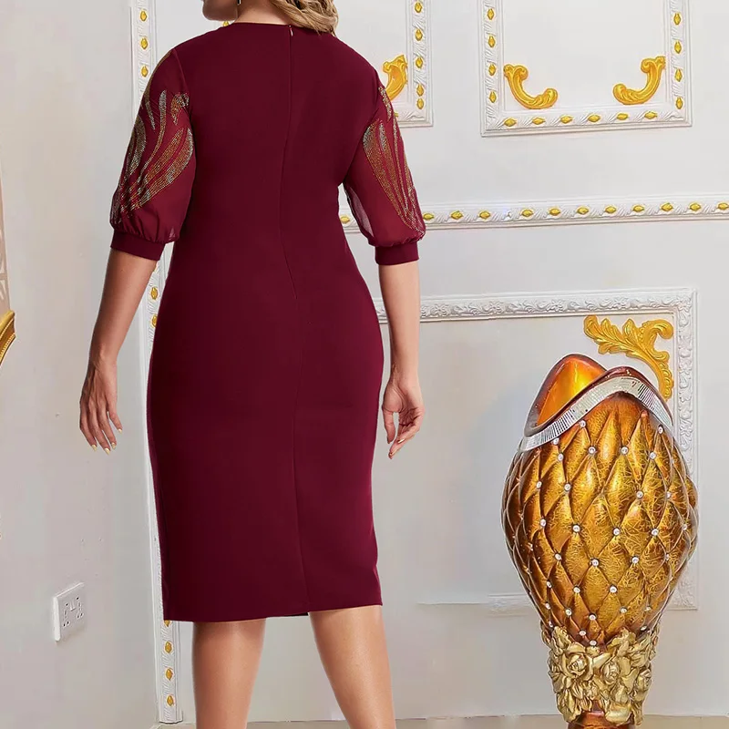 Spring Summer Sweet Round Neck Hot Stamping Offset Printing Pencil Skirt Elegant Plus Size Zipper Half Sleeve Women's Midi Dress