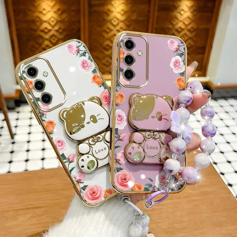 3-Piece Set: Gradient Rose Leaf Phone Case with Lanyard and Stand