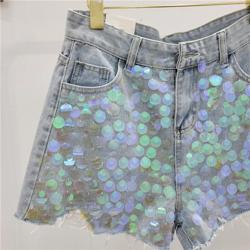 Summer New High Waist A- Line Wide Leg Shorts Women Fashion Sequined Tassel Ripped Slimming Denim Shorts Sexy Girl Hot Pants