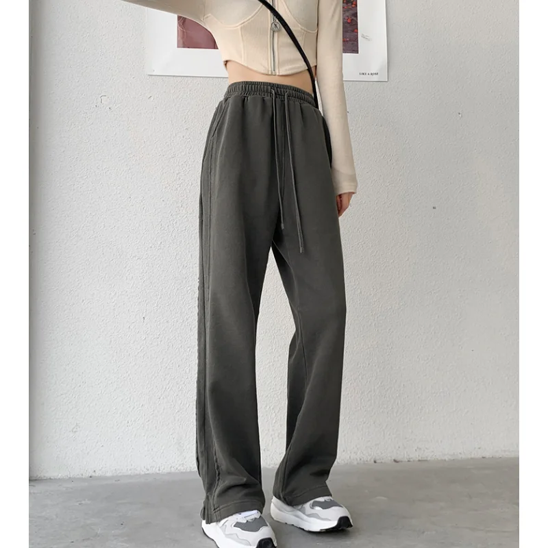 

Summer New Grey High Waist Drawstring Sweatpants Fashion Straight Pocket Bind Feet Pants Street Baggy Wide Leg Trouser Ladies