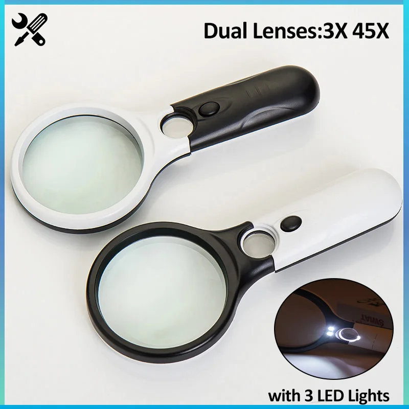 

3X 45X Magnifying Glass Lens Mini Pocket Handheld Microscope Reading Jewelry Loupe Handheld Magnifiers with 3 LED Lights