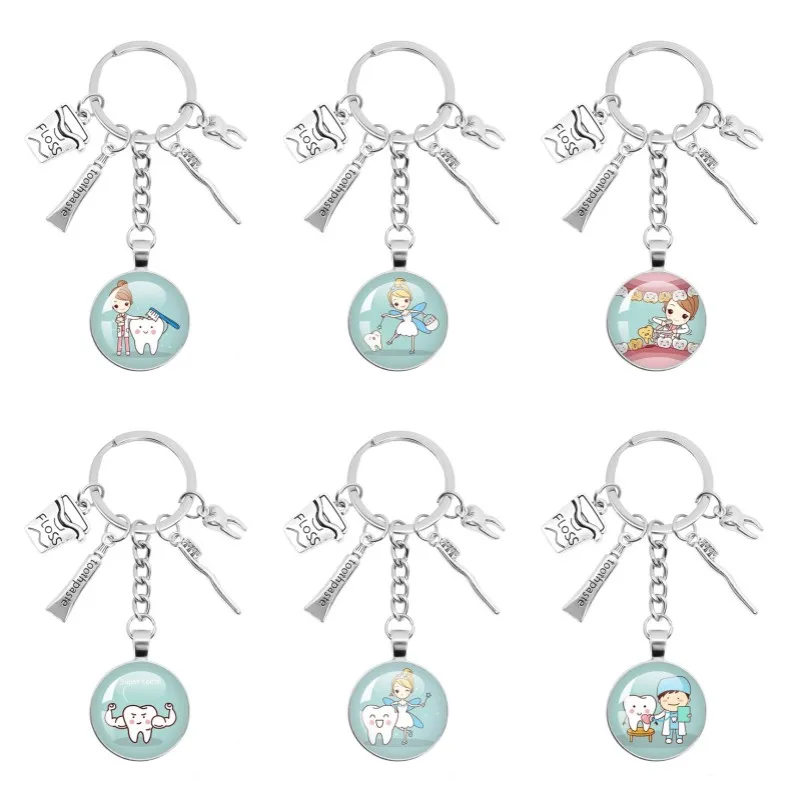 Portachiavi Dentista Di Vendita Caldo Tootbrush E Accessori Tootbaste Lovely Cartoon Teeth Dentista Picture Dome Glass Gift Jewelry