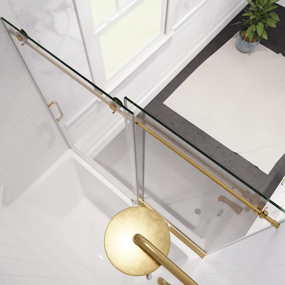 Frameless Bathtub Door, 60&ldquo; X 62&rdquo;, Brushed Gold Finish with Tempered Clear Glass, Sliding Shower Door