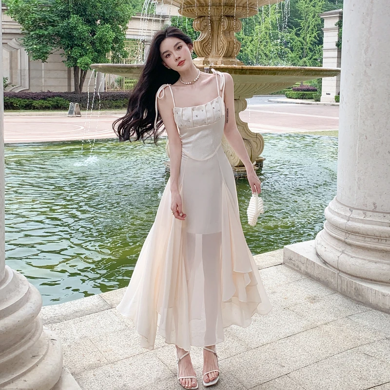 

Spring Summer Elegant Dress Woman Sleeveless Streetwear Casual Dress Slim Sweet Solid Slash Neck Spaghetti Strap 2024 New Dress