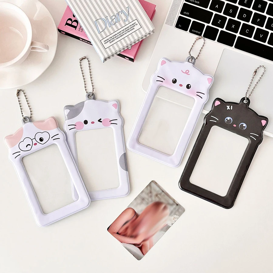 1pcs Cute Puppies Photocard Holder Keychain, Kawaii cat Photo Frame ID Badge Holder PVC Cartoon Animal Photo Card