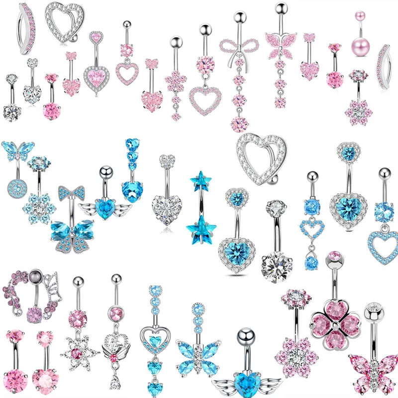 Pink Flower & Blue Crystal Belly Button Ring Set - Heart Navel Barbell Jewelry Collection