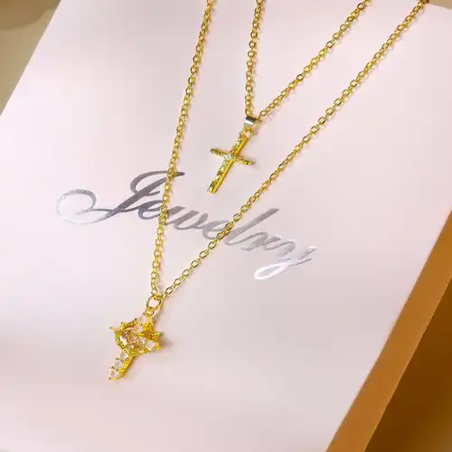 Letter Necklace Layered Initial Cross Necklace, Layering Square Letter Pendant Figaro Chain Cross Choker  for Women Girls
﻿ - Image 2