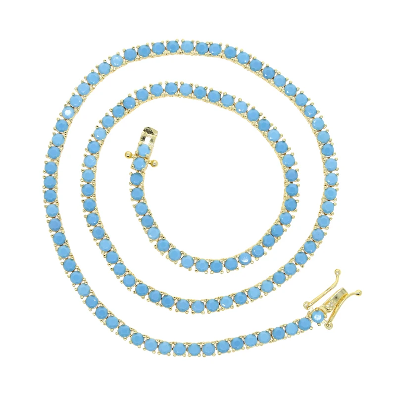 New High Quality Gold Color Plated 3MM Turquoise Stone Paved Tennis Chain Necklace For Women Girls Fashion Jewelry Choker