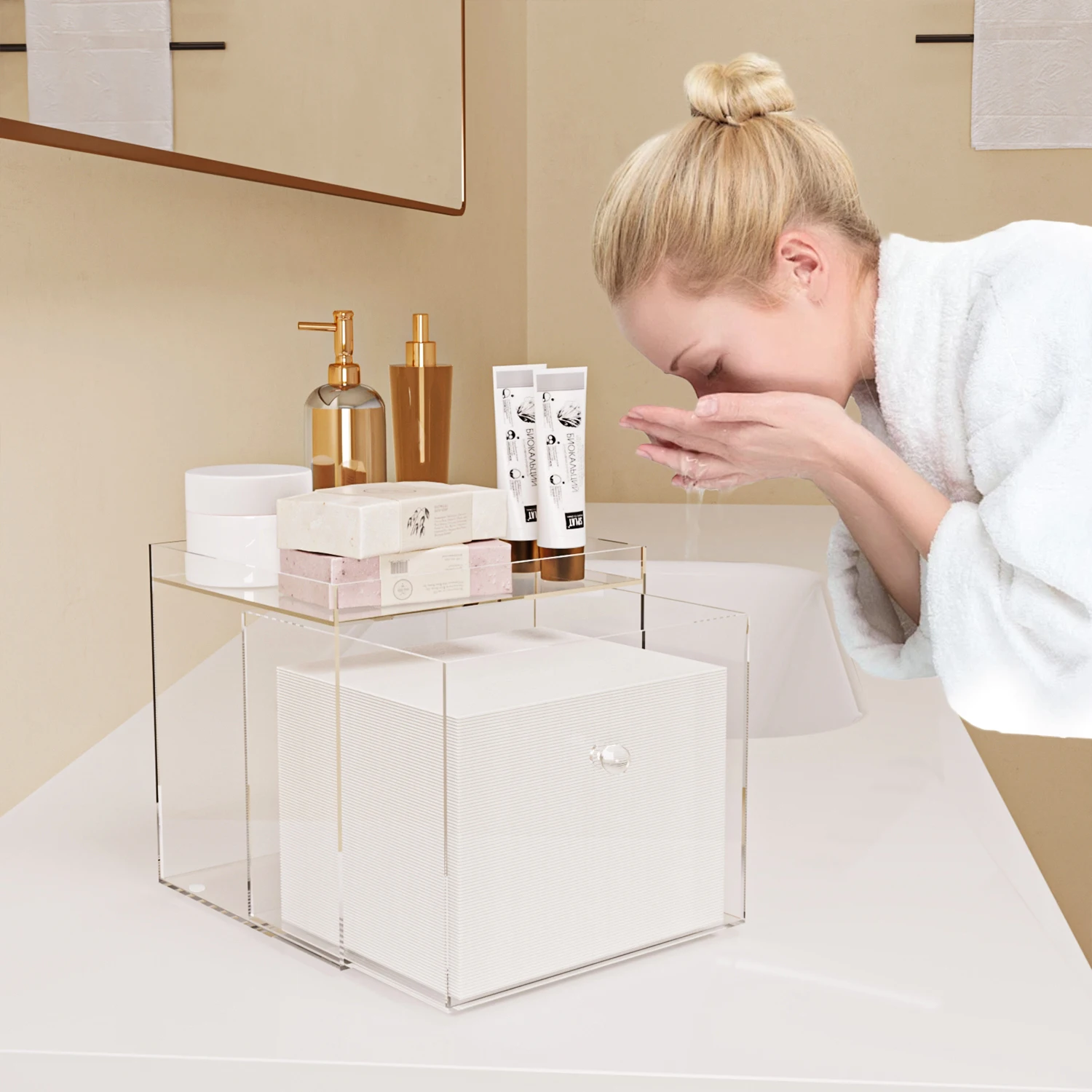 Acrylic Disposable Face Towel Holder with Drawer, Custom Storage for Home & Makeup Organization (Towels Not Included) 5