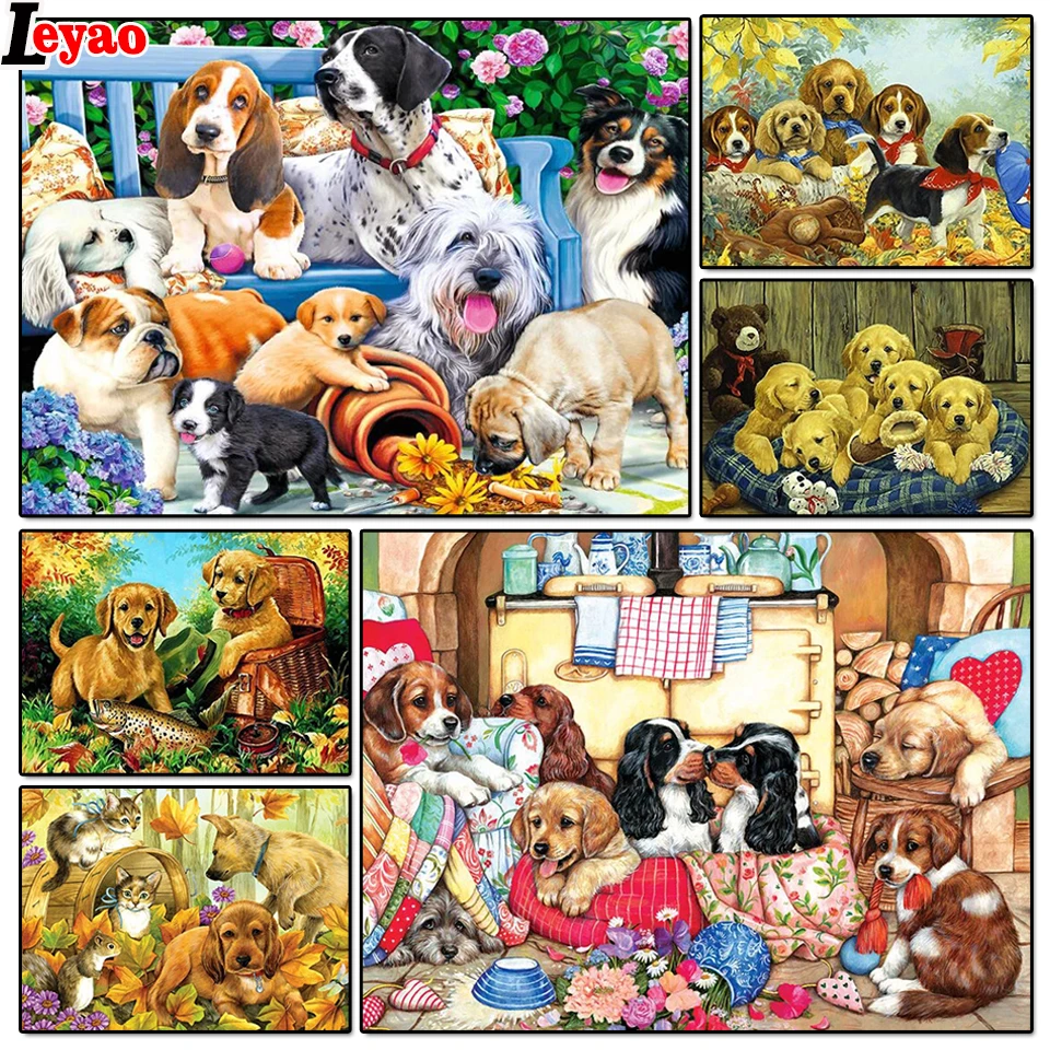 

New 5D DIY Diamond Painting Dogs Family Embroidery Animal Cross Stitch Full Square Round Drill Home Decor Manual Art Gift