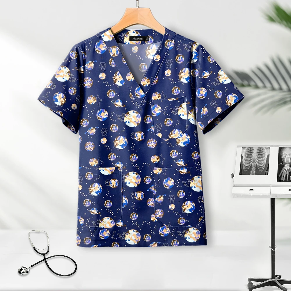 Nurse Scrubs Top Cotton Print V-neck Short Sleeved For Medical Work
