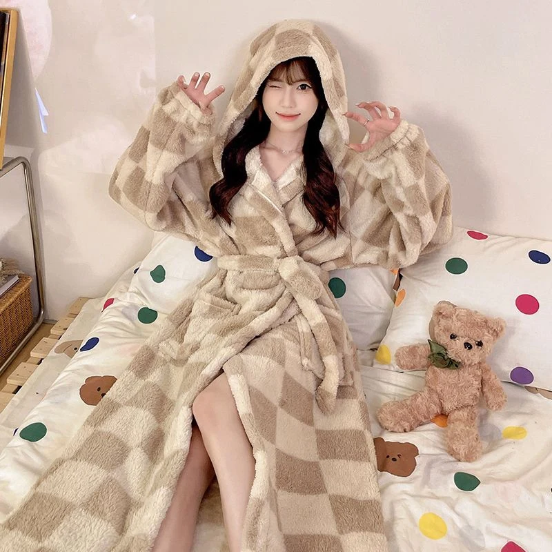 Winter Long Sleeve Hooded Thick Warm Flannel Kimono Robes for Women Casual Plaid Bathrobes Sleepwear Nightdress Night Dress