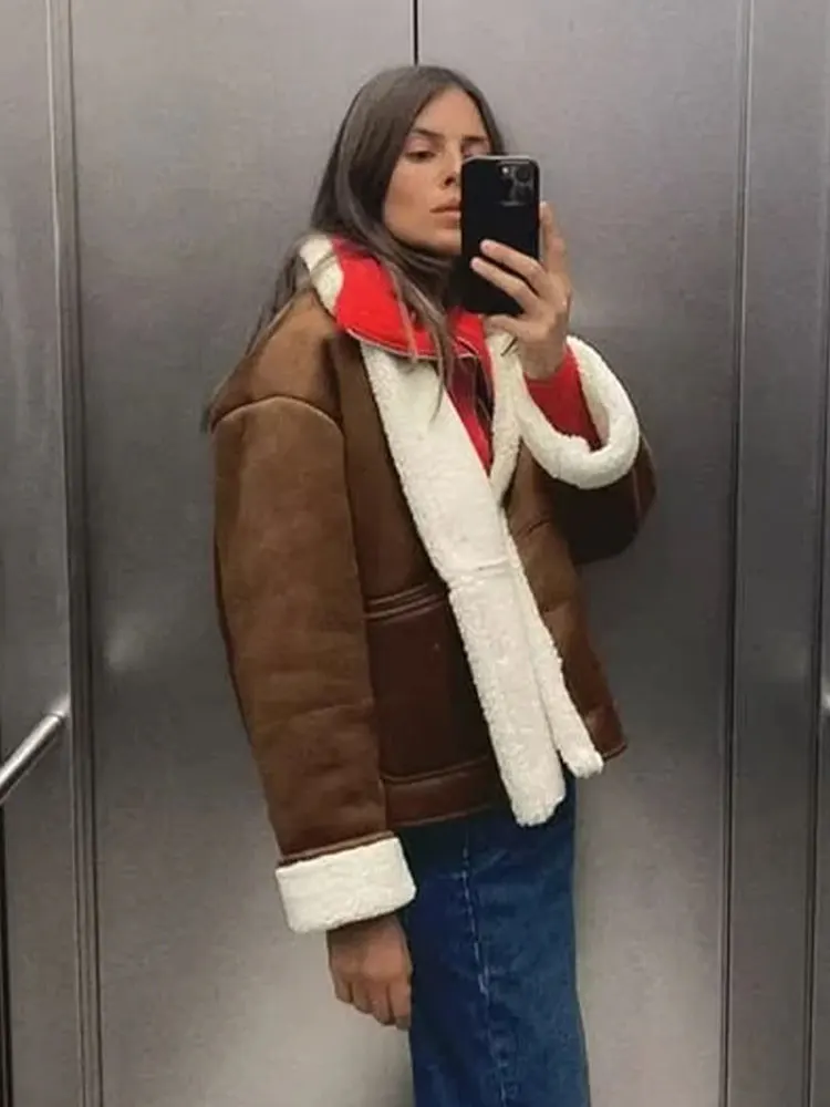 

Retro Patchwork Women's Lambswool Coat Casual Lapel Long Sleeve Single Breasted Cotton Jacket 2023 Winter Lady Thick Overcoat