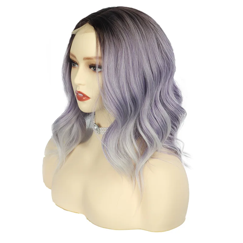 Fashion short curl synthetic wig female front lace gradient purple curly hair daily use full head set natural heat resistant wig