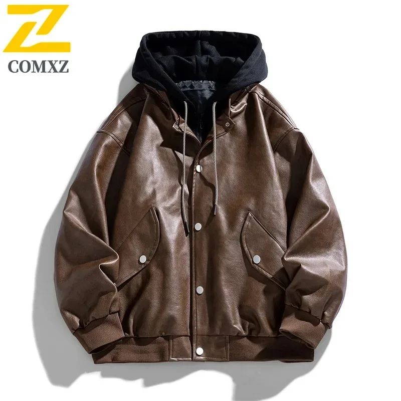 Men's Vintage Hooded Biker Jacket PU Leather Coat American Style Motorcycle Outerwear Water-Resistant Windproof Streetwear Retro