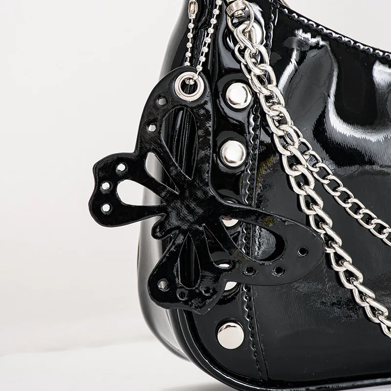Classic Simple Women Black Patent Leather Metal Chain Butterfly Accessory Shoulder Underarm Bag Street Punk Style Rivet Handbag