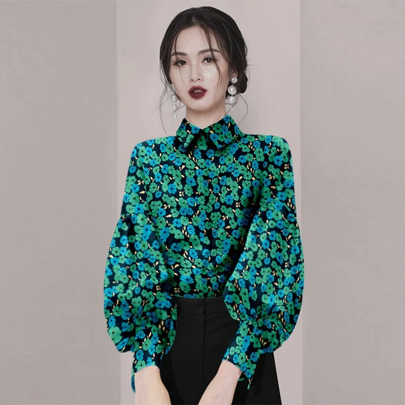 Casual Lantern Sleeve Blouse Women 2022 Spring Flowers Print Single Breasted Shirts Office Work Vintage Female |
