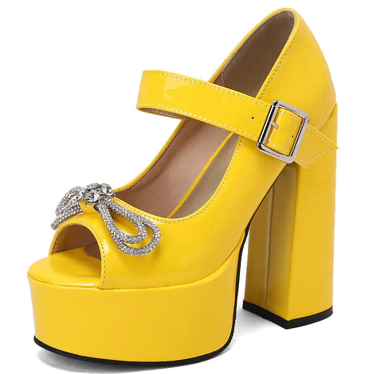 

Shoes Summer 2023 New Water Platform Super High Heel Peep Toe Sandals Round Toe Lacquer Leather Diamond Bowknot Pumps