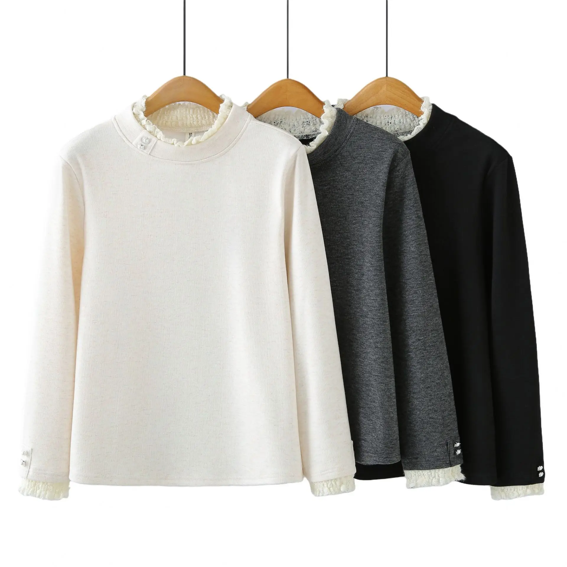 XXXXL Fashion Plus Size Women's T-Shirt New For Autumn And Winter Lace Button Long Sleeved Base Inner Tops 2522