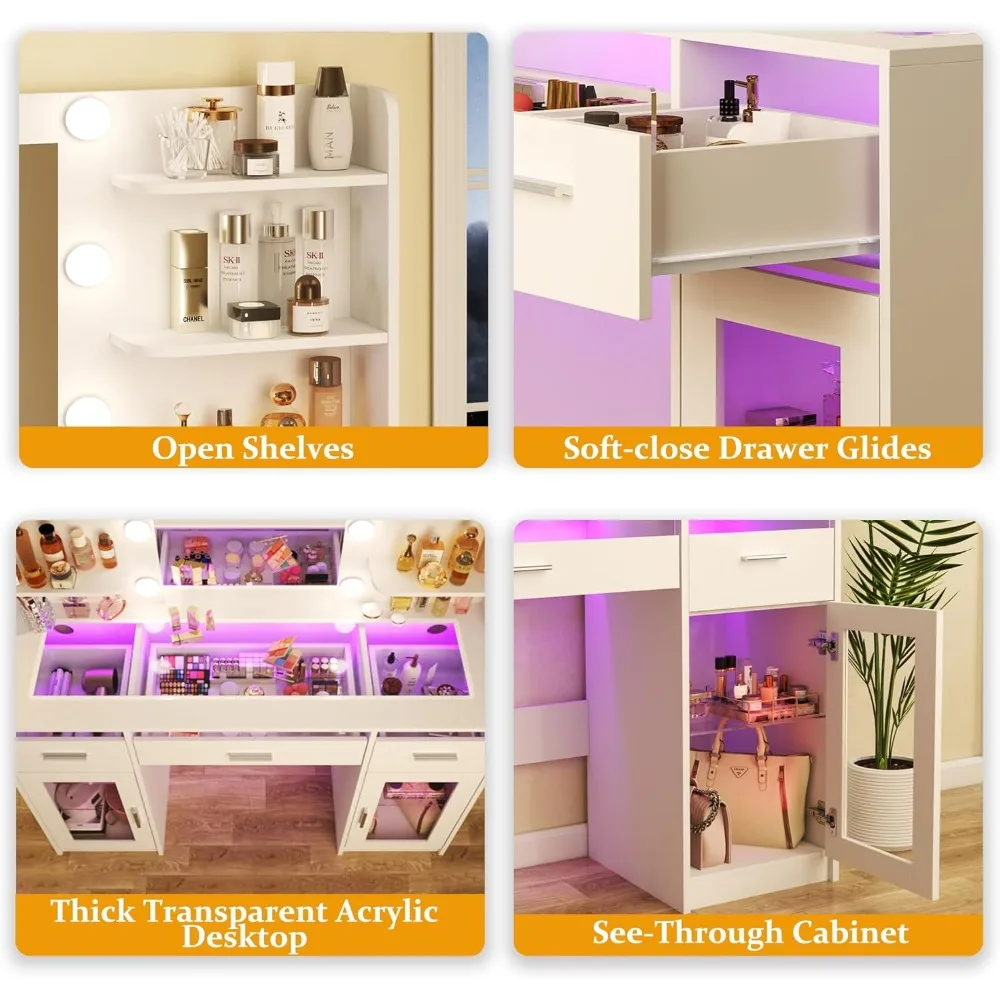 Vanity Desk Makeup Vanity Desk with Mirror and Lights 3 Colors Transparent Top with 3 RGB Drawers 6 Shelves 2 Large Tempered