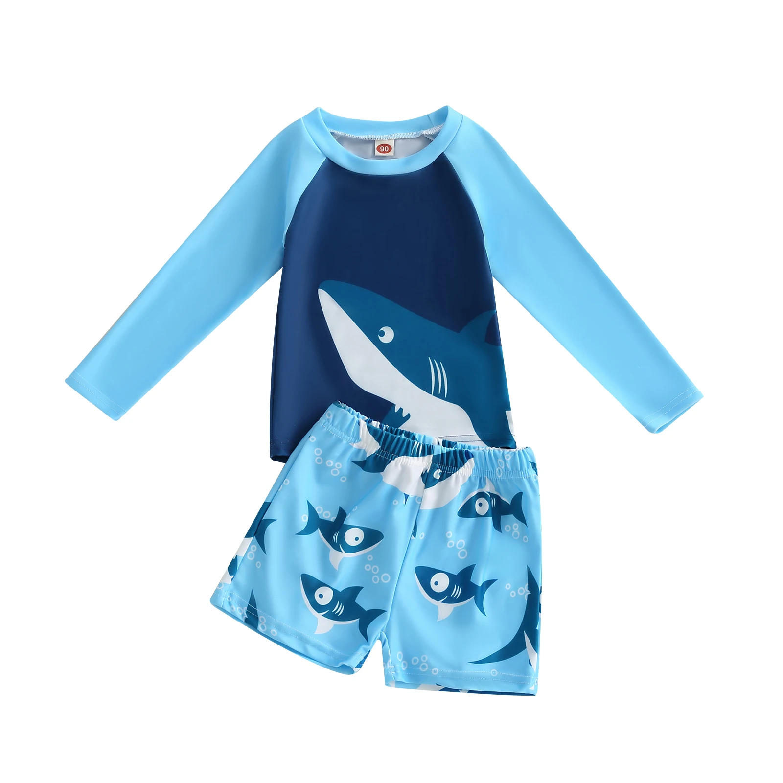 Kids Boys 2 Pieces Swimwear Set Shark Print Crew Neck Long Sleeve Tops and Swim Trunks Swimsuit Bathing Suit