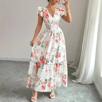 New Summer Women's Dress V-neck Elastic Waist Flying Sleeves Date Girl Vacation Fashion Patchwork Flower Print Female Long Skirt