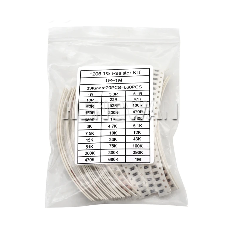 660pcs/Lot 0603 0805 1206 0402 0201 1% SMD Chip Resistor Assorted Kit 1R-1M Ohm 33valuesX20pcs Resistance Sample Set