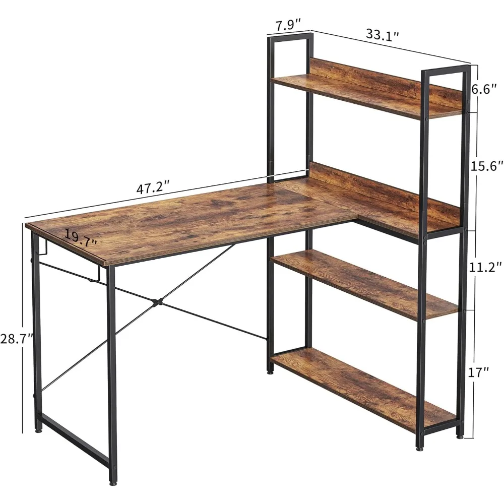 Computer Corner Desk with Storage Shelves, 47 Inch Reversible L Shaped Desk with Bookshelf, Home Office Writing Desk with Hooks 3