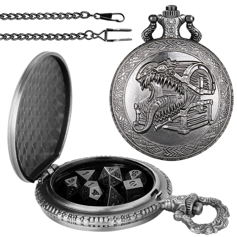 Steampunk Zungen-Schatzkasten Taschenuhr-Leergehäuse Anhängerkette mit 7 x Mini-Metall-Polyeder-Würfeln für Rollenspiele – Detail 6