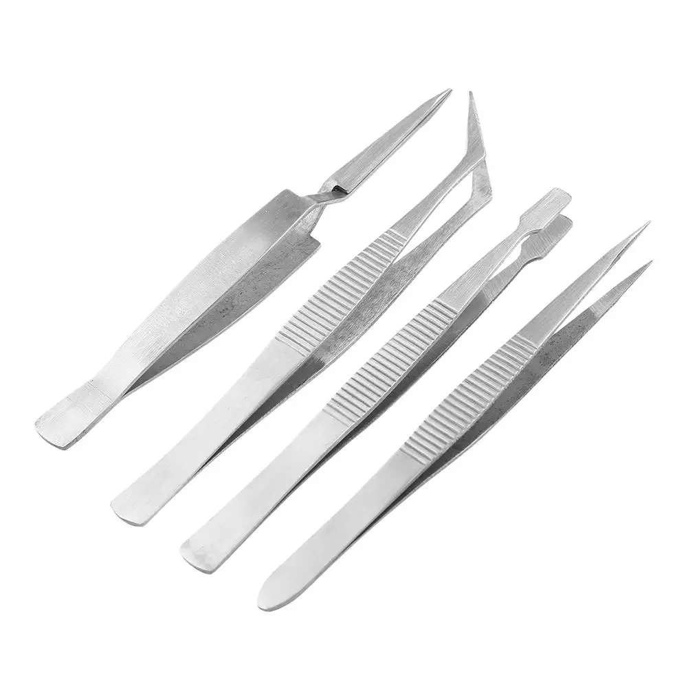 4pcs Professional Stainless Steel Tweezers Tweezers Pointed Elbow Flat Cross Craft Kraft Sewing Repair Tool
