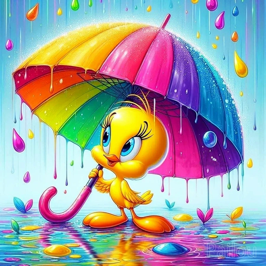 Cute Tweety Bird Under Colorful Umbrella 5d Diamond Painting