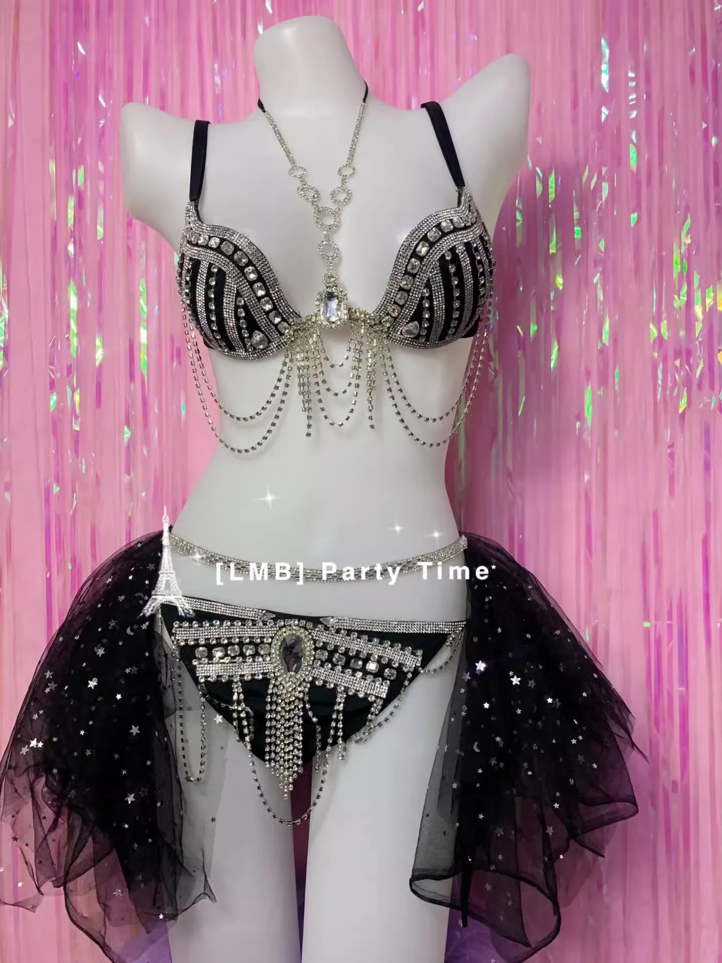 

Black Night Starry Sky Bikini Set Sexy Sparkling Diamond Bar Performance Outfits DJ Dance Female Singer Party Club Stage Wear