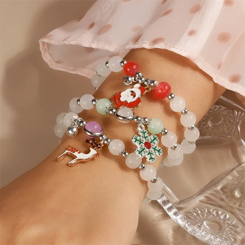 

Exquisite Opal Stone Beads Bracelet For Women Santa Claus Elk Snowflake Pendant Bracelets Girls Jewelry Christmas Party Gifts