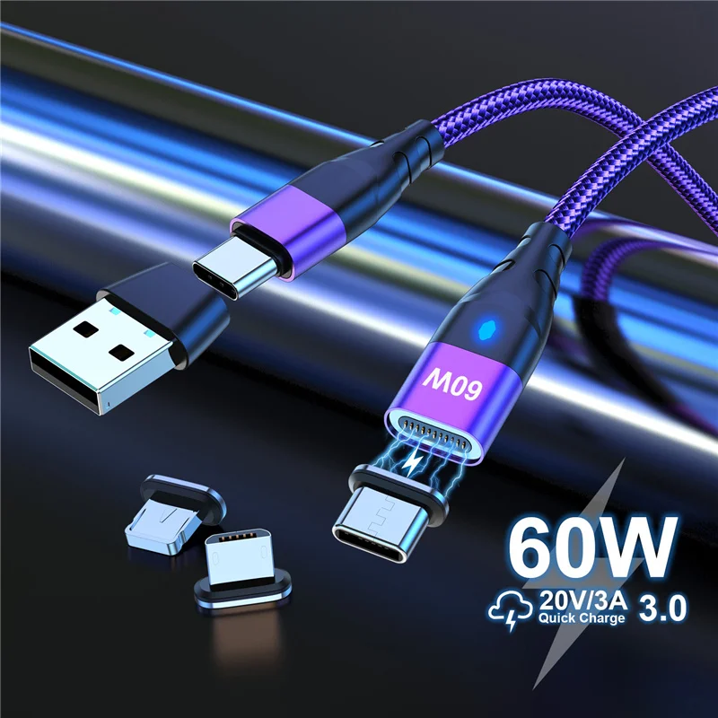 Магнитный кабель usb-c Micro USB, для Samsung S21, Xiaomi Redmi, Huawei, поддержка зарядки PD, 60 Вт и передачи данных