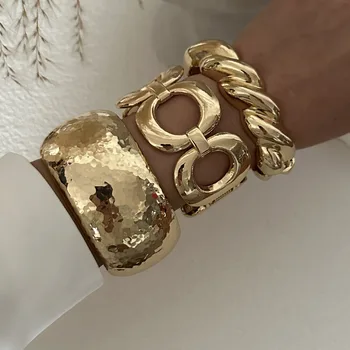 Punk Hip Hop Irregular Water Drop Cuff Wide Bangles Vintage Gold Color Geometric Spring Bangles Women Bracelets Pulseras Jewelry