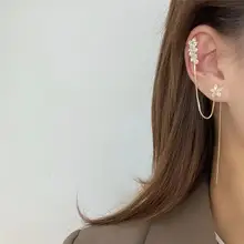  1 Piece Silver color Chain Ear clip Earrings Crystal Flower Long Earring For Women Jewelry New Earclip 