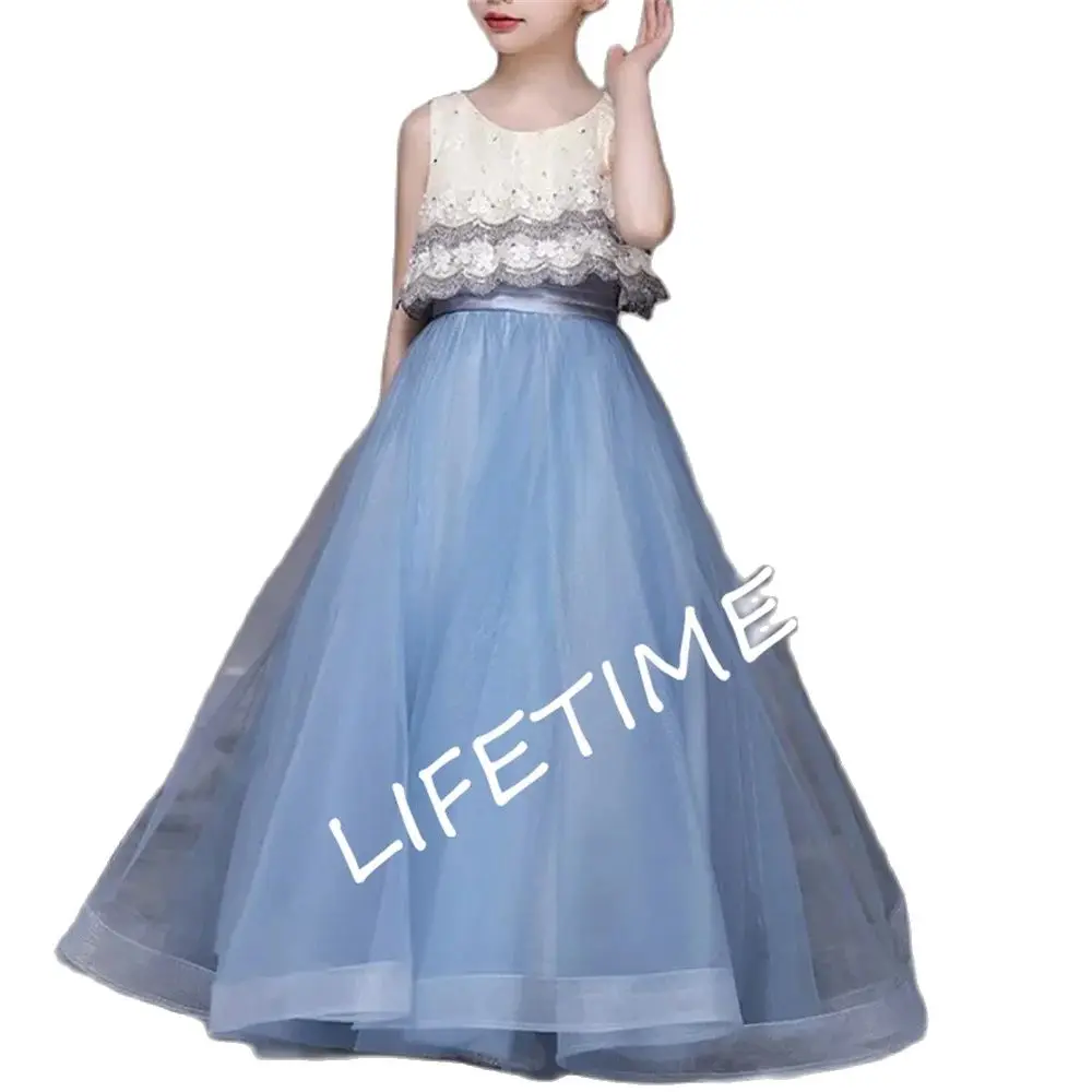 

Simple Elegant Sleeveless Flower Girls Dresses O-neck Slim Waist Kid Birthday Party Robe Mesh Design Tiered Princess Dress