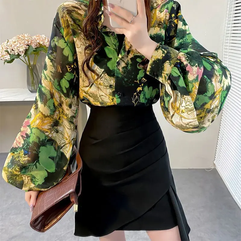 Autumn and Winter New Temperament Versatile Women's Top Fashion Printed Button Casual Commuting POLO Collar Long Sleeve Shirt