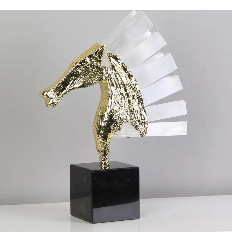 

Nordic Resin Gold Horse Head Animal Sculpture Crystal Ornament Living Room Porch Decoration Art Statue Home Decor Accessories