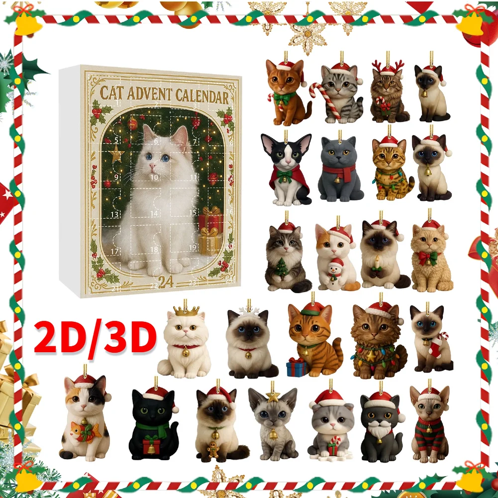 Cat Lovers Advent Calendar Christmas Countdown Calendar 2D Acrylic Cute Cat Calendar Highland Cow 24 Days Xmas Calendar Ornament